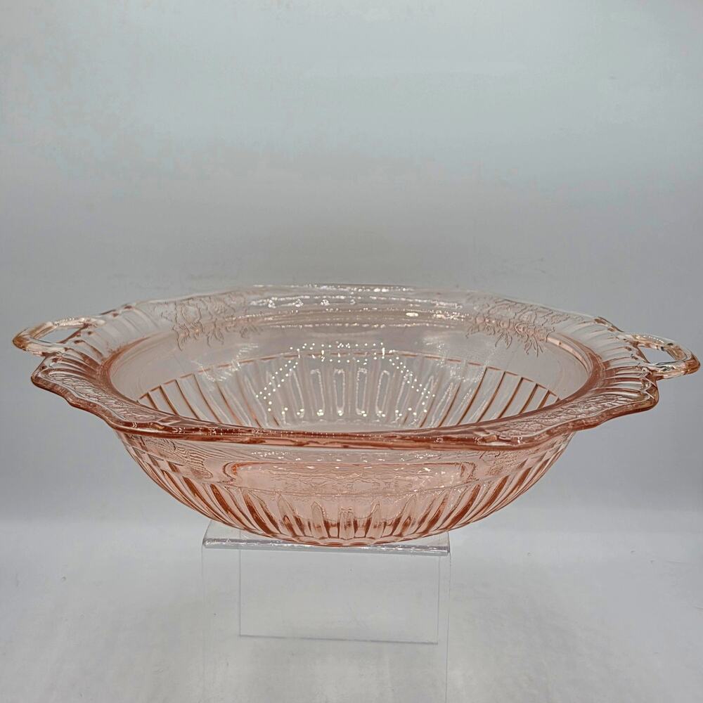 Vtg Anchor Hocking Mayfair Open Rose Pink Depression Glass Handled Serving Bowl